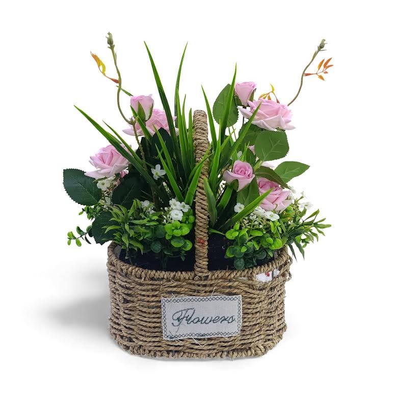 Artificial Rose Plant with Leaves in Basket Pink & Green