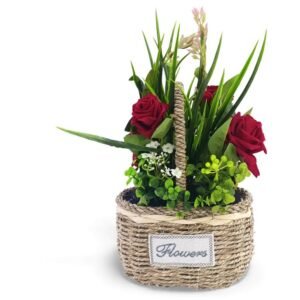Artificial Rose Plant with Leaves in Basket Red & Green