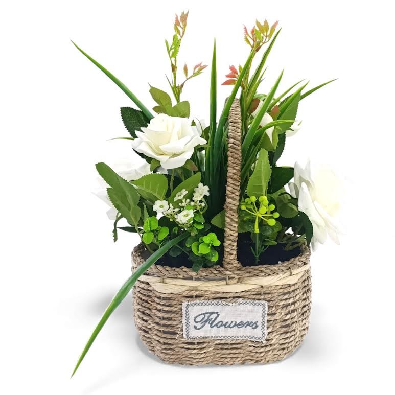 Artificial Rose Plant with Leaves in Basket White & Green