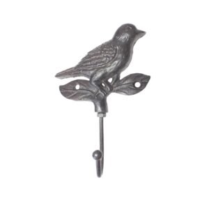 Urban Decor 17cm Bird on Leaf Single Hook Grey